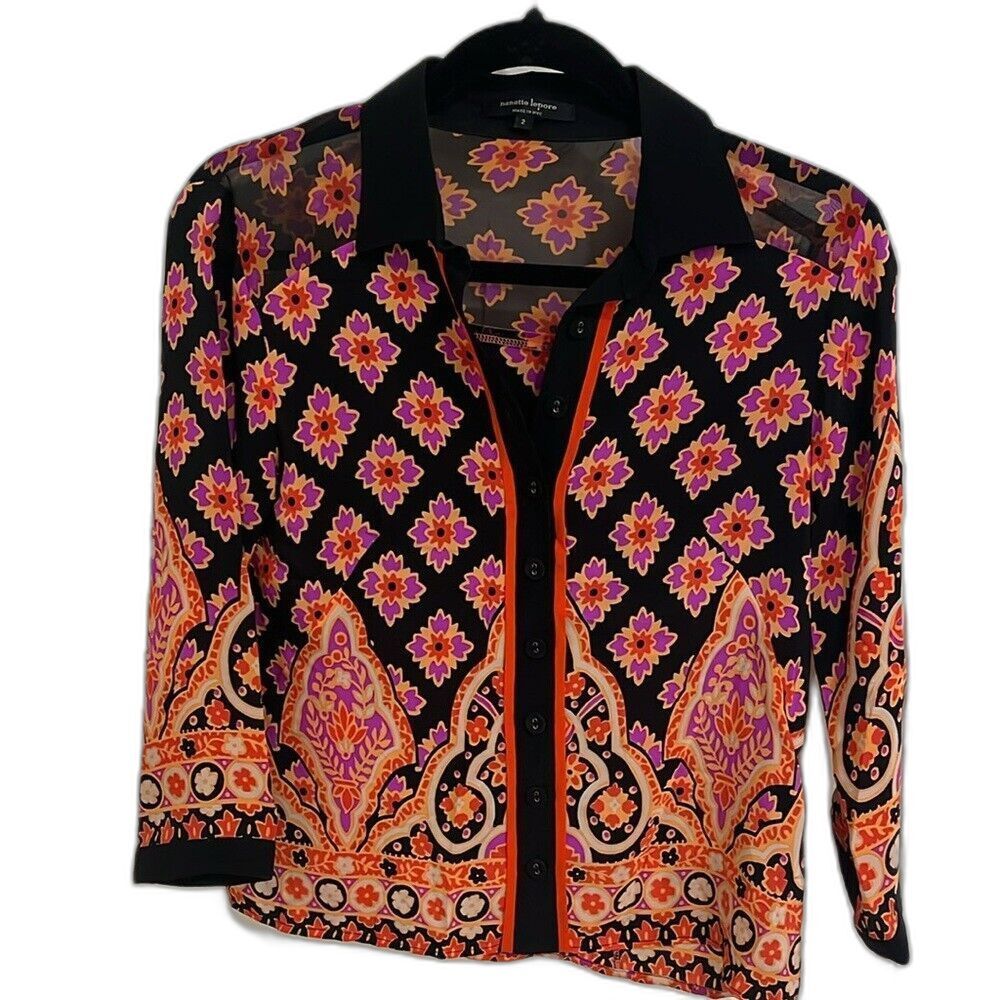 Nanette Lepore Silk Paisley Floral Button down 3/4 sleeve collared Blouse size 2